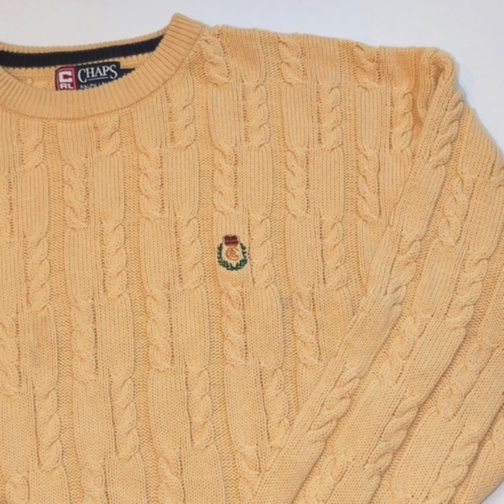 CHAPS Ralph Lauren Saffron Yellow Cable Knit Drifter Sweater. Crewneck. Size L